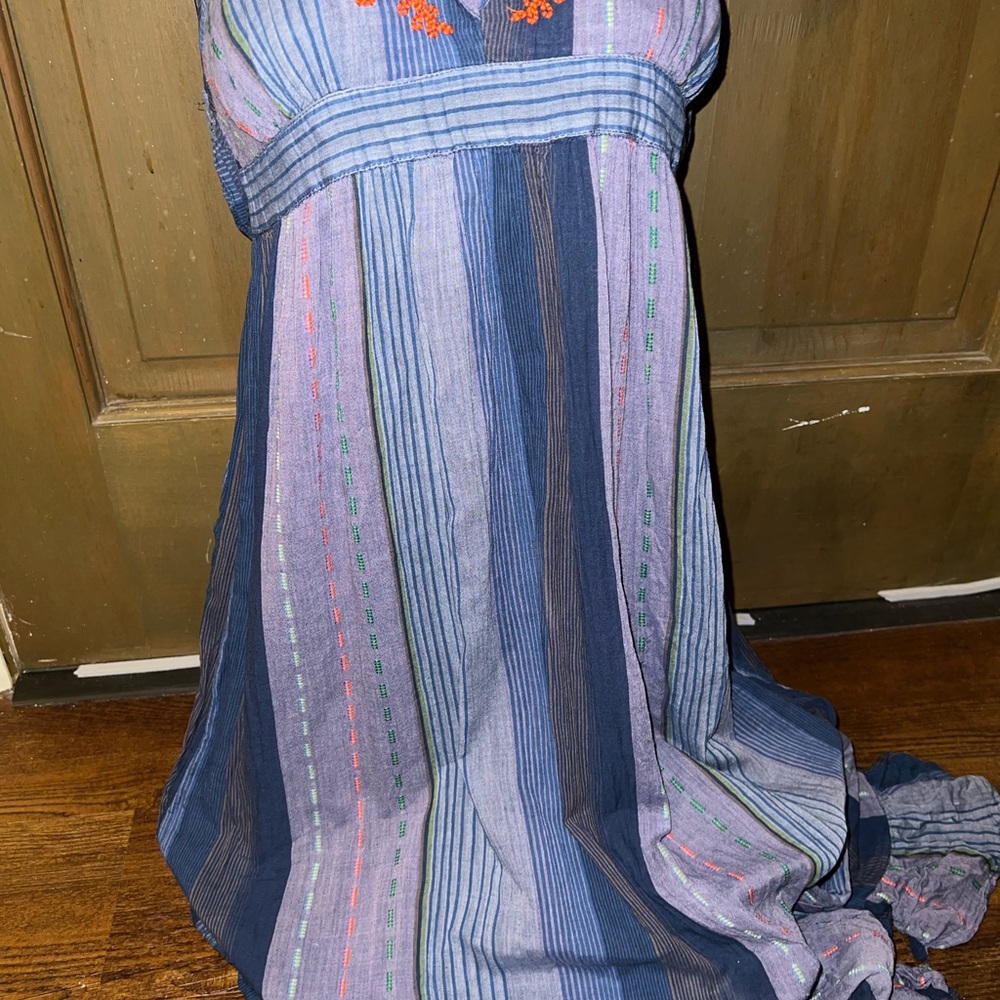 Vintage Blue Stripe Halter Open Back Embroidery Boho Ruffle Maxi Dress Size M - Picture 6 of 11